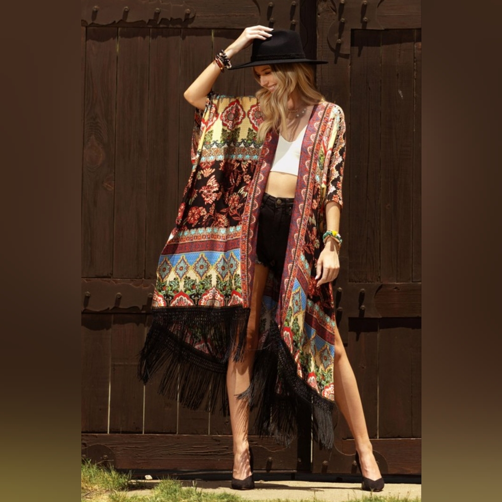 Bohemian Floral & Demask Print Kimono / Duster w/ Side Slits - Deep Rich Colors - Picture 7 of 7